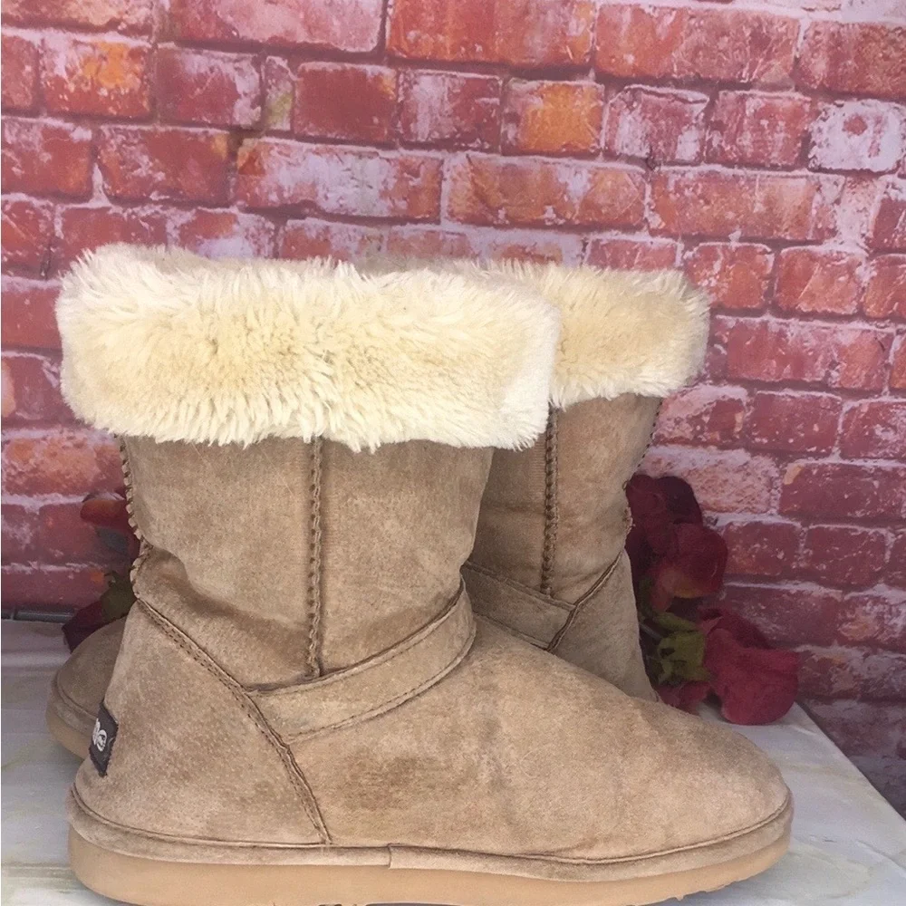 Lamo Tan Suede Water Resistant Shearling Double Buckle Boots
